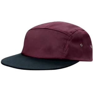 A cotton twill cap in burgundy and black with a flat peak and metal eyelets for ventilation.