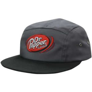 A grey and black cap featuring an embroidered logo. It has ventilation holes on the sides and a flat brim.