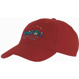 A red college cap with an embroidered design featuring houses and waves. It includes a logo on the front.