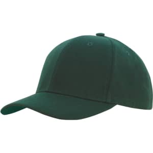 A green premium American twill college cap with a structured design and a curved brim, featuring a logo.