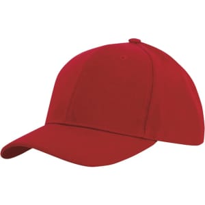 A red college cap with a curved peak and a adjustable strap at the back. Features a logo on the front.