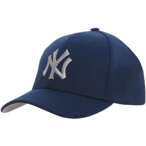 A navy cap featuring a contrasting peak and an embroidered logo on the front.
