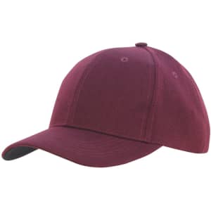 A maroon cap with a contrasting black peak, featuring ventilation holes and a rounded crown. It has a logo on the front.