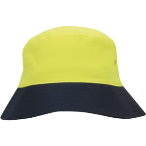A luminescent yellow and navy bucket hat with a wide brim and an internal logo. Ideal for safety and visibility.