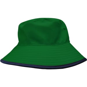 A green reversible bucket hat with a navy blue rim and a logo. Made from breathable poly twill material.