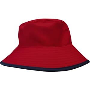 A red reversible bucket hat with a navy blue rim and a logo on the side. Breathable poly twill material.