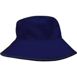 A navy blue reversible bucket hat made from breathable poly twill, featuring a logo on the side.