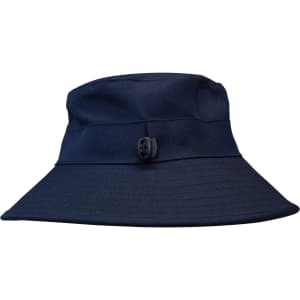 A navy reversible breathable poly twill bucket hat featuring a button detail.