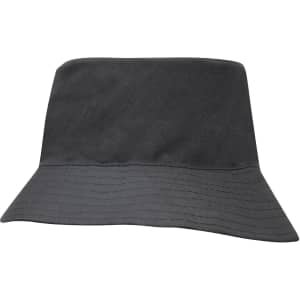 A breathable poly twill child's bucket hat in dark grey with a wide brim, featuring a logo.