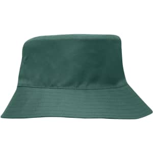 A breathable poly twill child's bucket hat in a sage green colour with a wide brim. It features a logo.