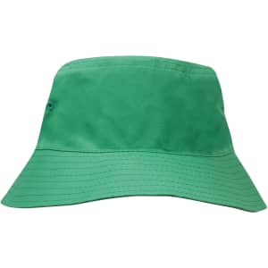 A green breathable poly twill child's bucket hat with a wide brim and a brand logo.