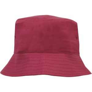 A breathable poly twill child's bucket hat in a rich burgundy colour with a round brim and no visible branding.