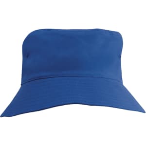 A blue breathable poly twill child's bucket hat featuring a wide brim and a logo on the side.