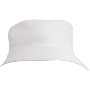 A white breathable poly twill child's bucket hat featuring a wide brim and a simple design with a logo.