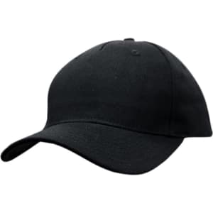 A black cotton twill cap with a buckle and a curved brim, featuring a logo.