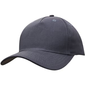 A grey cotton twill cap with a buckle, featuring a solid design and a logo on the front.