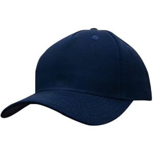A navy cotton twill cap with a buckle and a stitched brim, featuring a logo on the front.