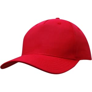 A red cotton twill cap with a buckle, featuring a curved brim and a seamless design.