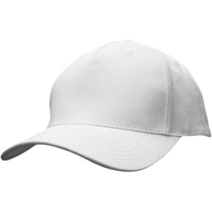 A white cotton twill cap with a buckle closure and a curved brim, featuring a logo.