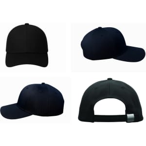 A navy cotton twill cap with a buckle, featuring a smooth design and logo emblem. Multiple angles are displayed.