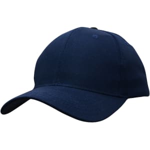 A navy blue cotton twill cap with a buckle and a logo on the front.
