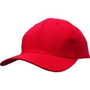 A red cotton twill cap with a buckle and a logo on the front.