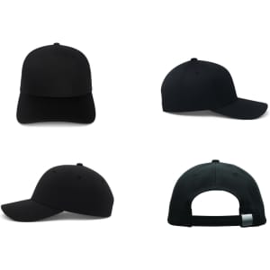 A black cotton twill cap with a buckle, displayed from multiple angles, including front, back, and sides.
