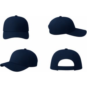 A navy cotton twill cap displayed from multiple angles, featuring a logo on the front.