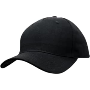 A black cotton twill cap with a curved brim and ventilation holes, featuring a logo on the front.