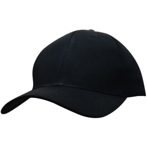 A black cotton twill cap with a curved brim and a logo on the front. Suitable for headwear.