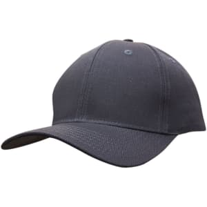 A grey cotton twill cap featuring a curved brim and a structured design with a logo.