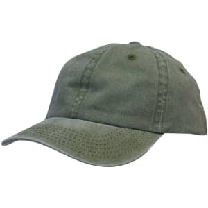 A green enzyme washed pigment dyed cotton twill cap with a curved brim and stitching details. It features a logo.