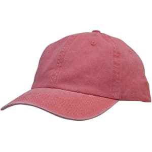 A pink enzyme washed pigment dyed cotton twill cap featuring a curved brim and a logo.