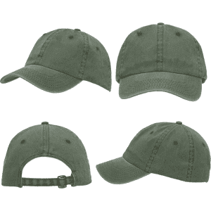 A green enzyme washed pigment dyed cotton twill cap displayed from multiple angles, featuring an adjustable strap and a logo.
