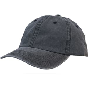 A dark grey enzyme washed pigment dyed cotton twill cap with a curved brim and a logo.