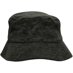 A black terry towelling bucket hat with a rounded top and wide brim, featuring a logo.