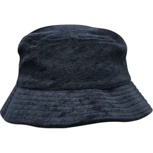 A navy blue terry towelling bucket hat featuring a textured finish and a wide brim. It has a logo on the side.