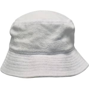 A white terry towelling bucket hat featuring a soft, textured fabric and a wide brim. It has a logo on it.