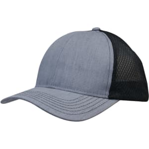A grey cap made from brushed poly cotton marle with a black honeycomb mesh back and a curved brim.