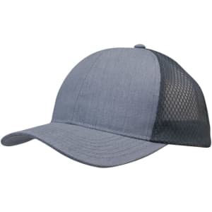 A grey cap featuring a light brushed poly cotton marle front and honeycomb mesh side panel, with a logo.
