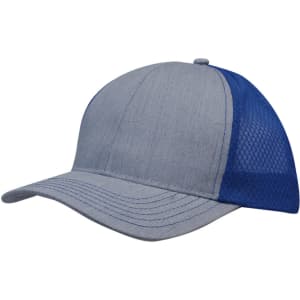 A grey cap with a blue honeycomb mesh panel, featuring a curved brim and stitched detailing. It has a logo on the front.