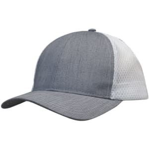 A grey cap featuring a light brushed poly cotton marle front and honeycomb mesh sides. It has a logo on the front.