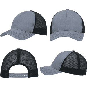 A cap featuring a light brushed poly cotton marle front and honeycomb mesh sides, in grey with a black mesh back.