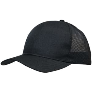 A black cap made of breathable poly twill with honeycomb mesh for ventilation. It features a logo on the side.