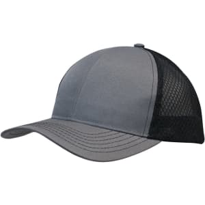 A grey cap featuring breathable poly twill and honeycomb mesh panels, with a curved brim and a logo.