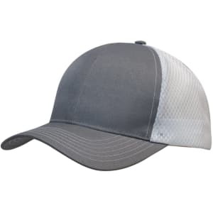 A grey cap featuring breathable poly twill and honeycomb mesh design. It has a curved brim and a logo.