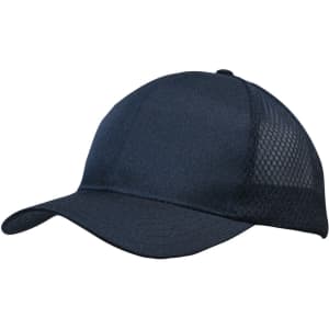 A navy cap featuring breathable poly twill and honeycomb mesh panels, with a curved brim and a logo present.