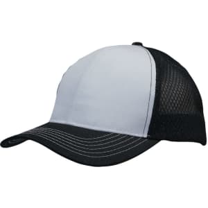 A black and white cap featuring breathable poly twill and honeycomb mesh, with a curved brim and stitching details.