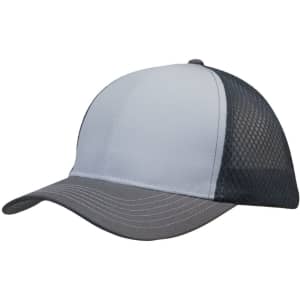 A grey and light blue cap featuring breathable poly twill with honeycomb mesh. The cap has a branded logo on the side.