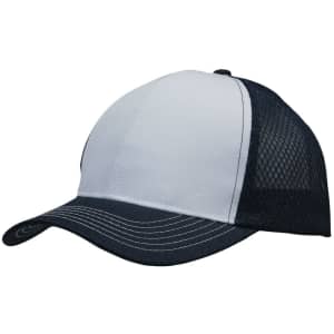 A baseball cap featuring breathable poly twill in white and navy, with a honeycomb mesh back and stitching details.